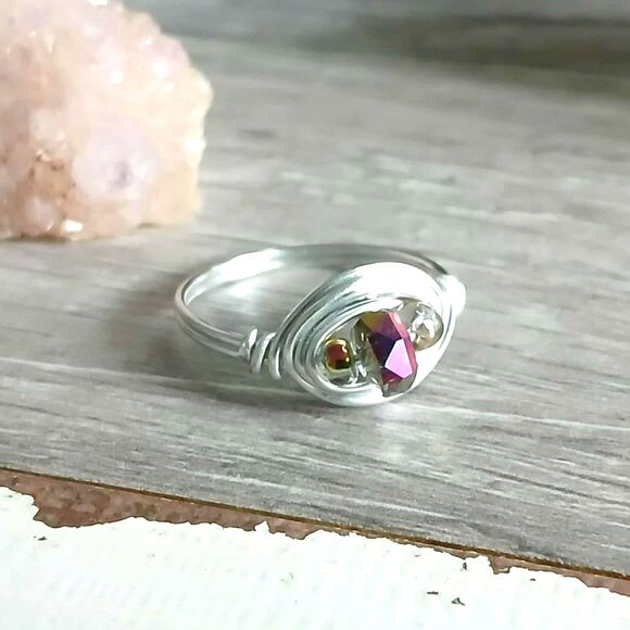 Dainty Glass Beaded Ring, Size 7.25, Faceted Glass, Boho Chic, Wire Wrapped - Picture 1 of 2